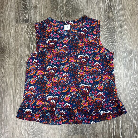 Cabi Lindsey Tank Navy Multi Color Floral Raw Hem Tank #5391 - Size M - Picture 1 of 7